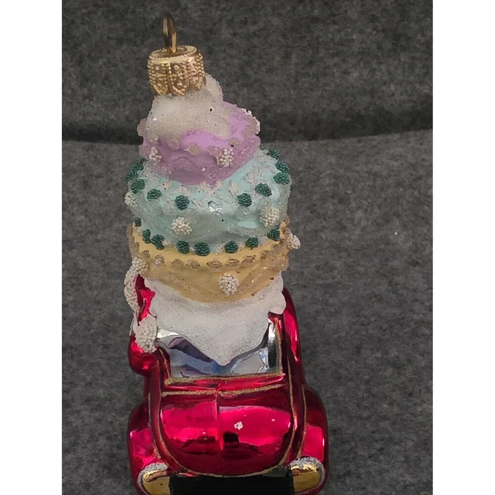 Blown Glass Santa In VW Beetle Christmas Ornament. Cake On Top.